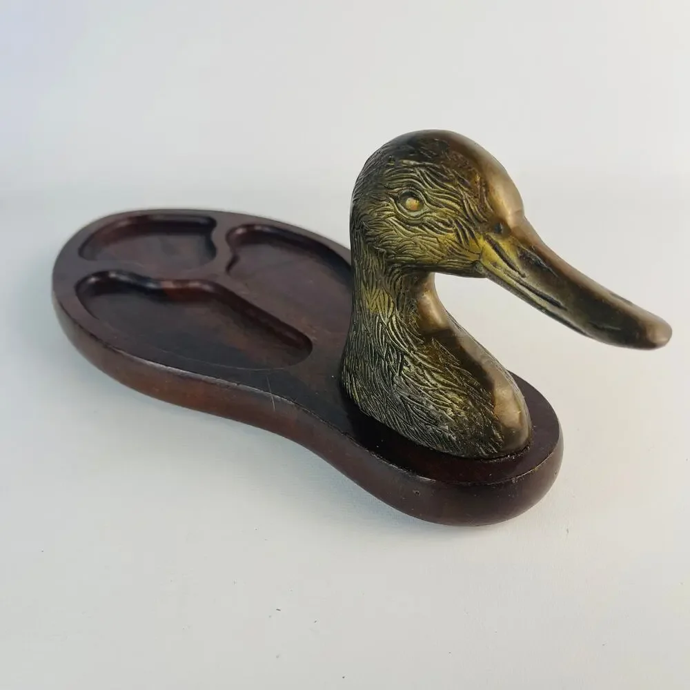 Vintage Brass Duck Head W/ Wood Dresser Valet Vanity Coin Tray
